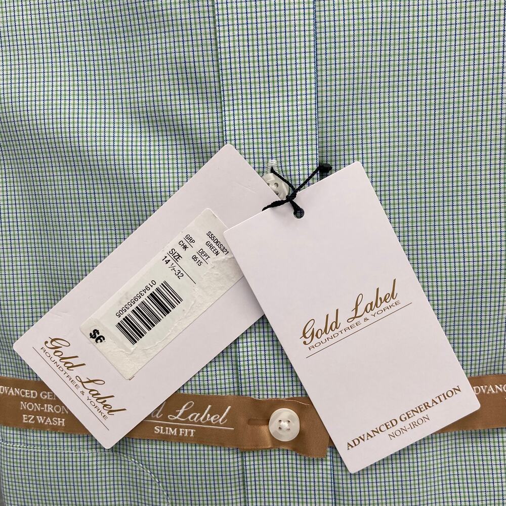 Roundtree & Yorke Shirt Men's 14.5 32 Slim Fit Cotton Poplin Green Check NWT - Picture 6 of 9